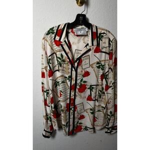 Vintage 90s Saks Fifth Avenue Silk Blouse French Rose Music Print Parisian Top